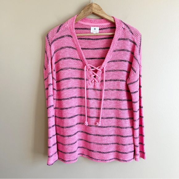 SUNDRY pink knit pullover sweater size small grommet tie bodice striped - Picture 6 of 9
